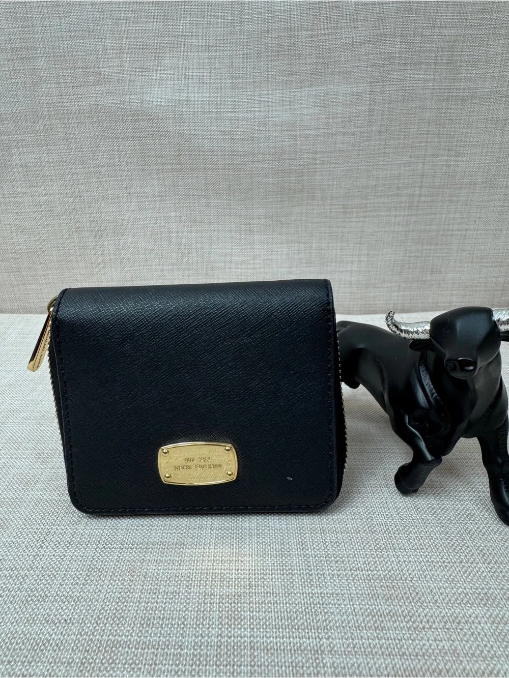 Michael Kors Black Saffiano Leather Compact Zip Wallet with Gold Plate